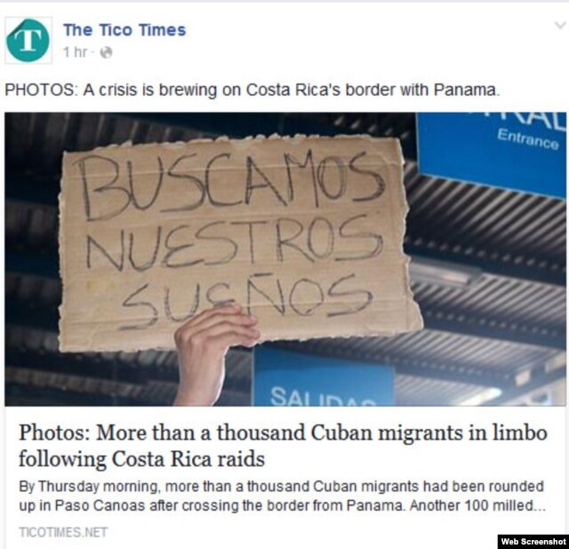 "Buscamos nuestros sueños", reza el cartel de un migrante cubano varado en la frontera de Costa Rica con Panamá. (Facebook/The Tico Times)