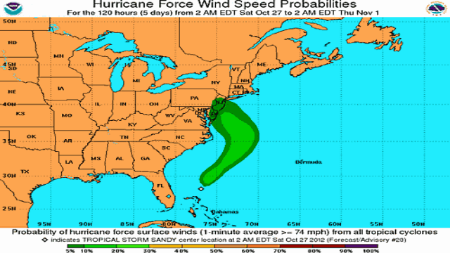 Mapa de Sandy el sábado 27 de Octubre