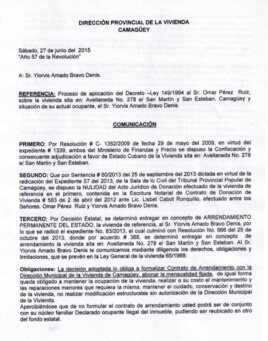Documento expedido por la Dirección Provincial de Vivienda, Camagüey (I).
