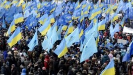 Activistas participan en una concentración antieuropea en la Plaza de la Independencia de Kiev (Ucrania) hoy, viernes 29 de noviembre de 2103.