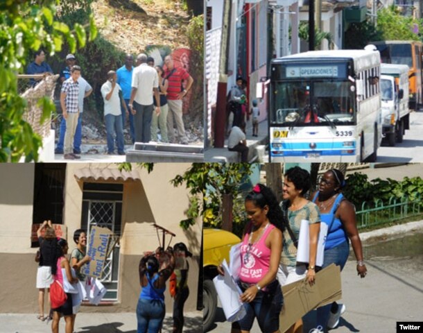 Miembros de las fuerzas represivas y seguidores del régimen vigilan la sede de las Damas de Blanco, en Lawton, La Habana. (Angel Moya vía Twitter)