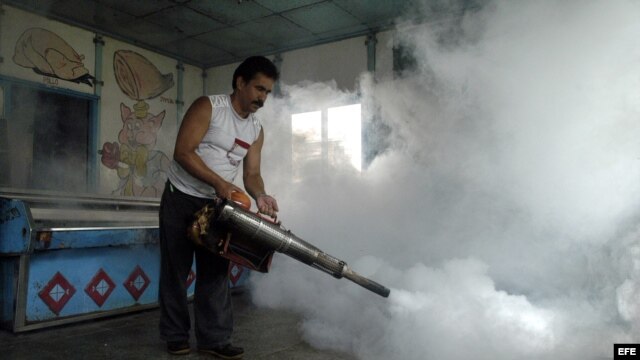 Un hombre fumiga una pescadería.