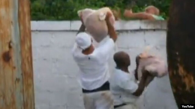 Carne al voleo: por arrobas, trabajadores del Combinado Cárnico de Guantánamo sacan por el muro trasero el producto.