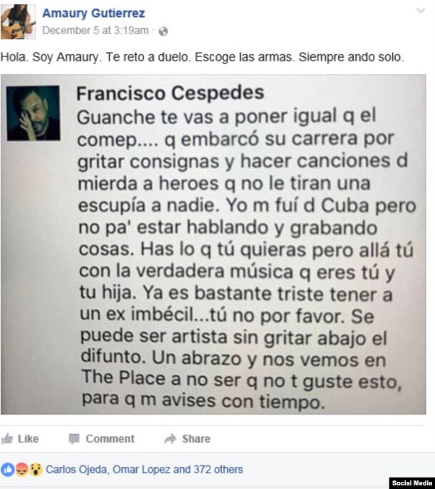 "Te reto a duelo", respondió Amaury Gutiérrez a los comentarios ofensivos de Pancho Cespedes contra él en la red