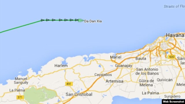 La línea verde al norte de las costas cubanas indica el curso del Da Dan Xia, que lleva a bordo los pertrechos militares descubiertos en Colombia.