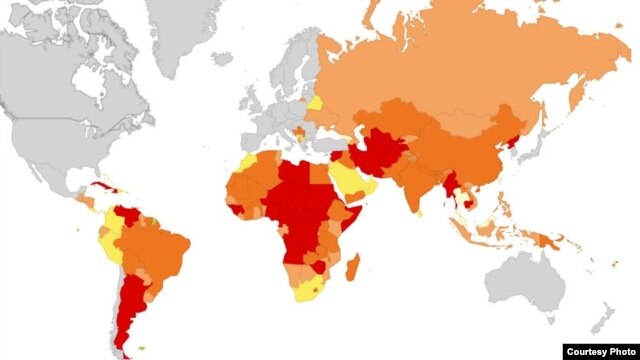 Mapa de riesgo para invertir según los países. En rojo, los catalogados con alto riesgo.
