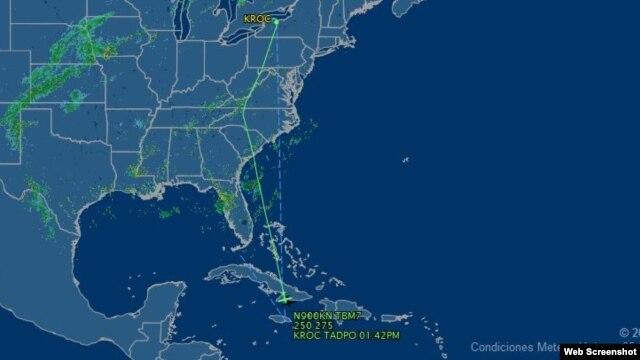 Ruta prevista del avión y trayectoria que ha realizado hasta Cuba, mostrada por la web Flight Aware.