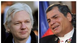 A la derecha el fundador de Wikileaks Julián Assange, a la izquierda el presidente de Ecuador Rafael Correa
