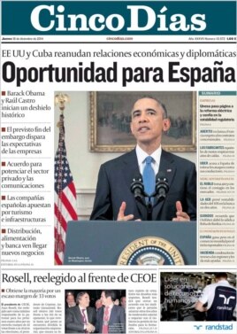 Portada del diario Cinco Días tras el anuncio de la nueva era diplomática entre Estados Unidos y Cuba.