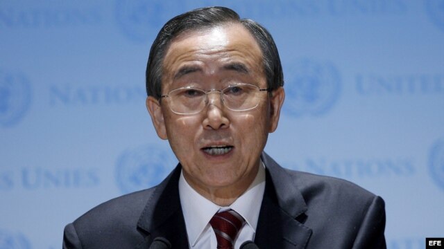 El secretario general de la ONU, Ban Ki-moon en conferencia de prensa en las oficinas principales de las Naciones Unidas, Nueva York. 