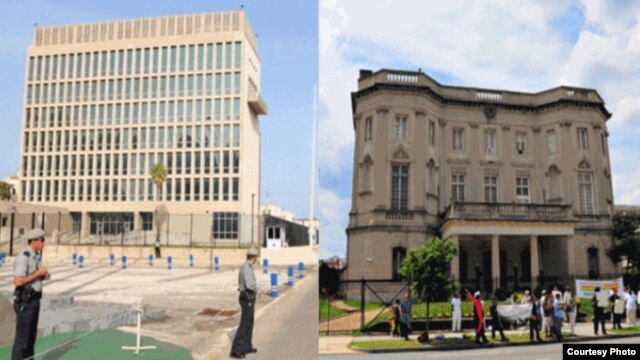 La sede diplomática de EEUU en La Habana y la de Cuba en Washington (i-d).
