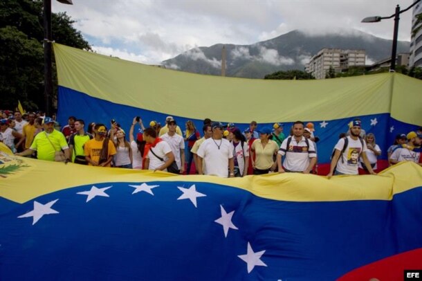 Un grupo de personas participan hoy, jueves 1 de septiembre de 2016, en una manifestación denominada "Toma de Caracas", una marcha convocada hace semanas por la alianza de partidos Mesa de la Unidad Democrática (MUD) para presionar al Poder Electoral por