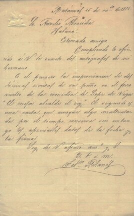 Carta de Federico Milanés a Aurelio Almeida