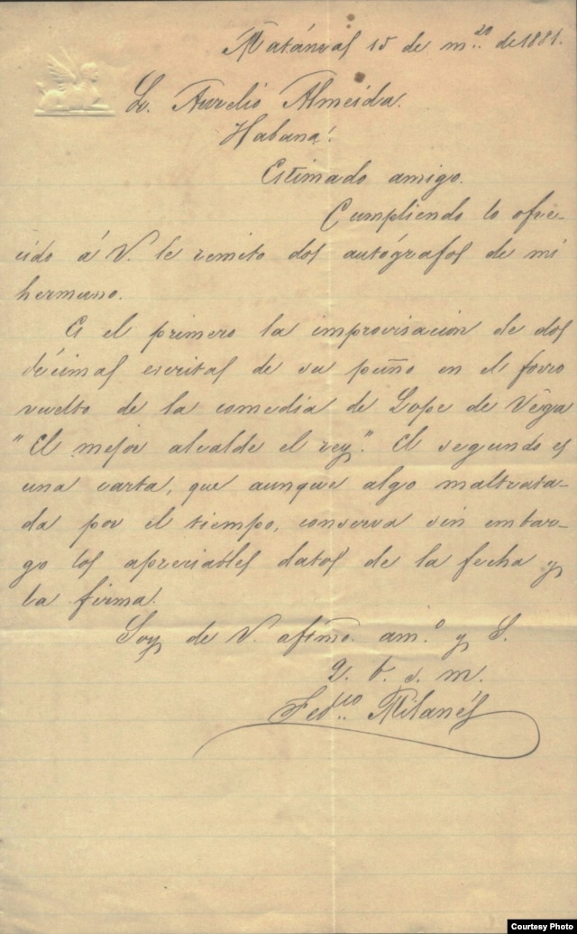Carta de Federico Milanés a Aurelio Almeida