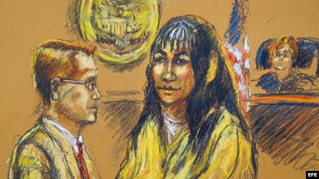 Boceto de la artista Shirley Henderson que ilustra la audiencia contra Sandra Ávila Beltrán (c), realizada hoy, viernes 14 de septiembre de 2012, en un tribunal de Miami (EEUU).