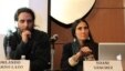 La bloguera y periodista cubana Yoani Sánchez habla junto al disidente cubano Orlando Pardo Lazo durante una conferencia de prensa en la universidad de Nueva York (NYU) en Nueva York (EE.UU.). 