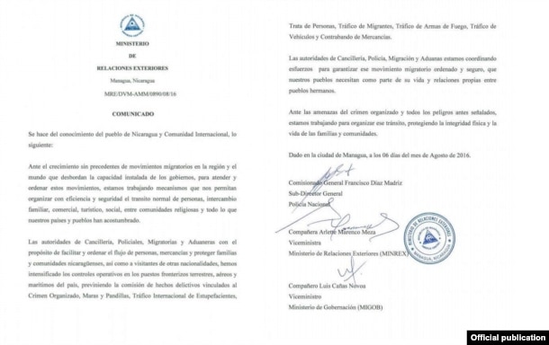 Facsímil del comunicado de la cancillería nicaragüense sobre esfuerzos para permitir tránsito migratorio ordenado.