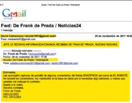 Copia del correo electrónico en el que Frank de Prada ofrece capturas de pantalla del portal Noticias24 con el IP de comentaristas críticos