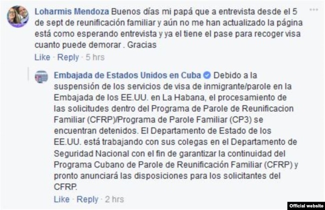 Respuesta de la Embajada de EEUU en Cuba sobre el programa Parole de Reunificación Familiar.