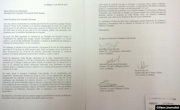 Texto de la carta entregada al Poder Popular por Cuba Decide