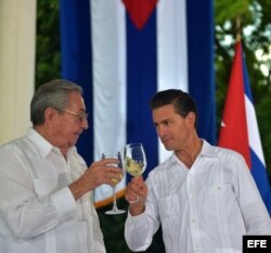 El presidente de México Enrique Peña Nieto y su homólogo cubano, Raúl Castro, brindan tras una rueda de prensa conjunta.