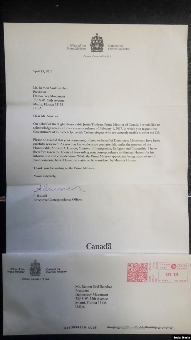 Carta de respuesta del gobierno canadiense al líder del Movimiento Democracia, Ramón Saúl Sánchez.