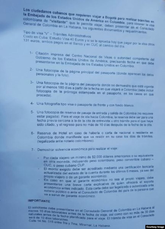 Información a cubanos divulgada por el Consulado General de Colombia.