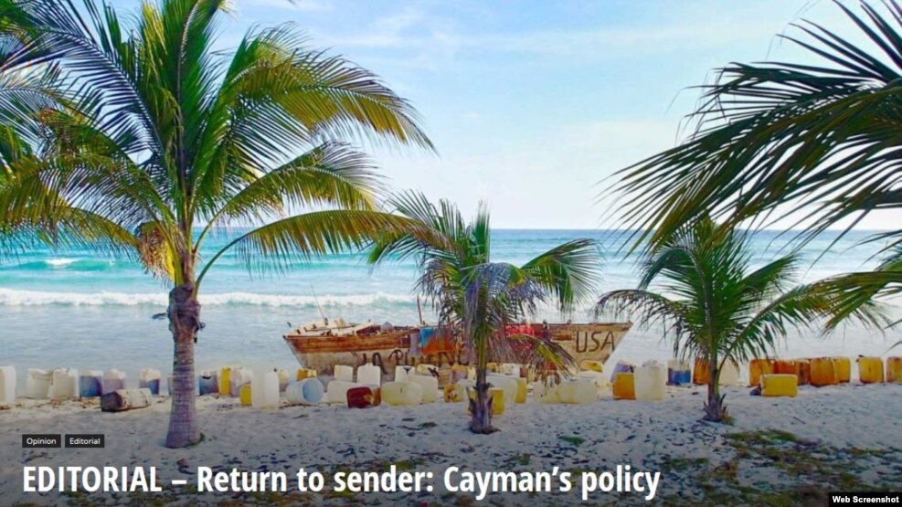 La imagen que acompaña el editorial de Cayman Compass: “Devuélvase al remitente: la política de Cayman sobre los migrantes cubanos”. 