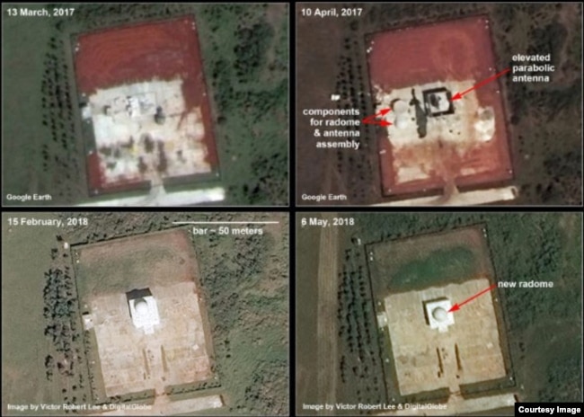 Imágenes de la construcción del "radomo" en Bejucal: en sentido horario, marzo 2017, abril 2017, mayo 2018 y febrero 2018 (The Diplomat)