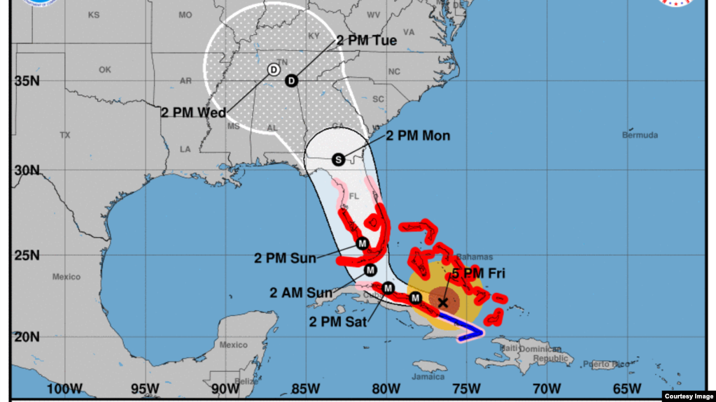 Parte del NHC de las 5 p.m. del viernes 8 de septiembre sobre la trayectoria del huracán Irma. NHC