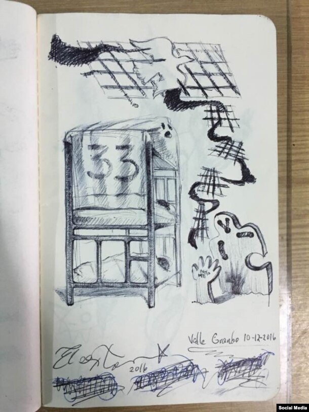 Dibujos de El Sexto en prisión, diciembre 2016. Tomado de la cuenta de Facebook Danilo Maldonado Machado.