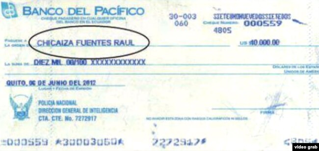 Uno de los cheques expedidos a Raúl Chicaiza a través de la Dirección de Inteligencia de la policía ecuatoriana para financiar el secuestro de Fernando Balda.