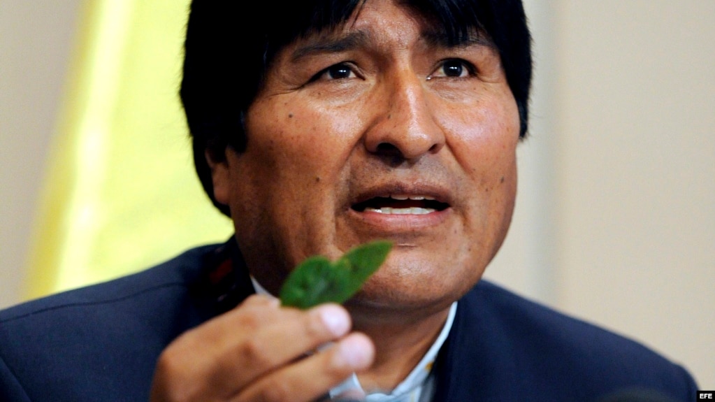 El presidente de Bolivia, Evo Morales, muestra hojas de coca.
