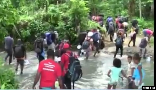 Desde Capurganá, Colombia, migrantes cubanos procedentes de Turbo, incluidos niños, se internan en la Selva del Darién rumbo a Panamá