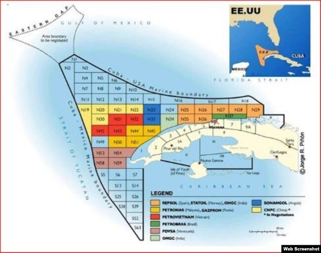 Mapa de la Zona Económica Exclusiva de Cuba en el Golfo de México.
