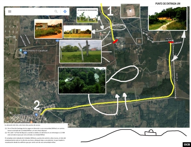 Vistas obtenidas por Martí Noticias en la unidad militar que alberga al centro de inteligencia de señales de Bejucal y sus entornos. En el cuadrante superior derecho, la nueva antena protegida por un domo. (Cliquear en la imagen para agrandar).