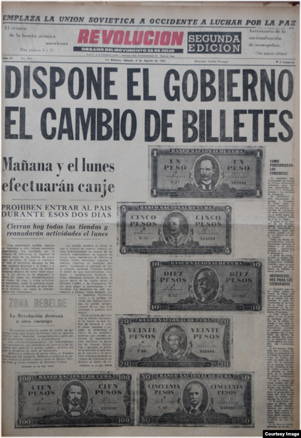 La noticia del cambio de moneda en 1961.