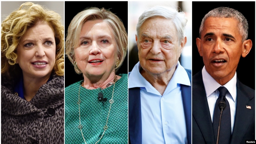 CombinaciÃ³n de fotografÃ­as de izq. a der. Debbie Wasserman Schultz, Hillary Clinton, George Soros y Barack Obama.