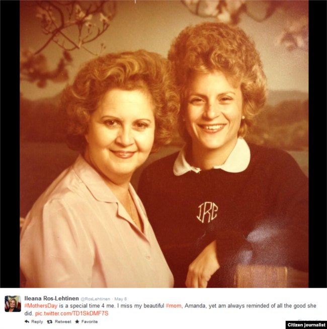 Ileana Ros-Lehtinen junto a su madre Amanda Ros. Foto publicada en la cuenta de Twitter de la congresista.